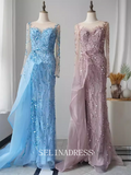 High Quality Mermaid Sky Blue Prom Dress Long Sleeve Beaded Dubai Evening Formal Gown EWR108|Selinadress