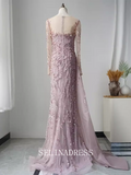 High Quality Mermaid Sky Blue Prom Dress Long Sleeve Beaded Dubai Evening Formal Gown EWR108|Selinadress