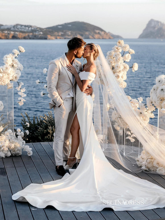 High Split Meramid Satin White Wedding Dresses Beautiful Bridal Gowns LKO001|Selinadress
