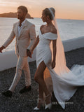 High Split Meramid Satin White Wedding Dresses Beautiful Bridal Gowns LKO001|Selinadress
