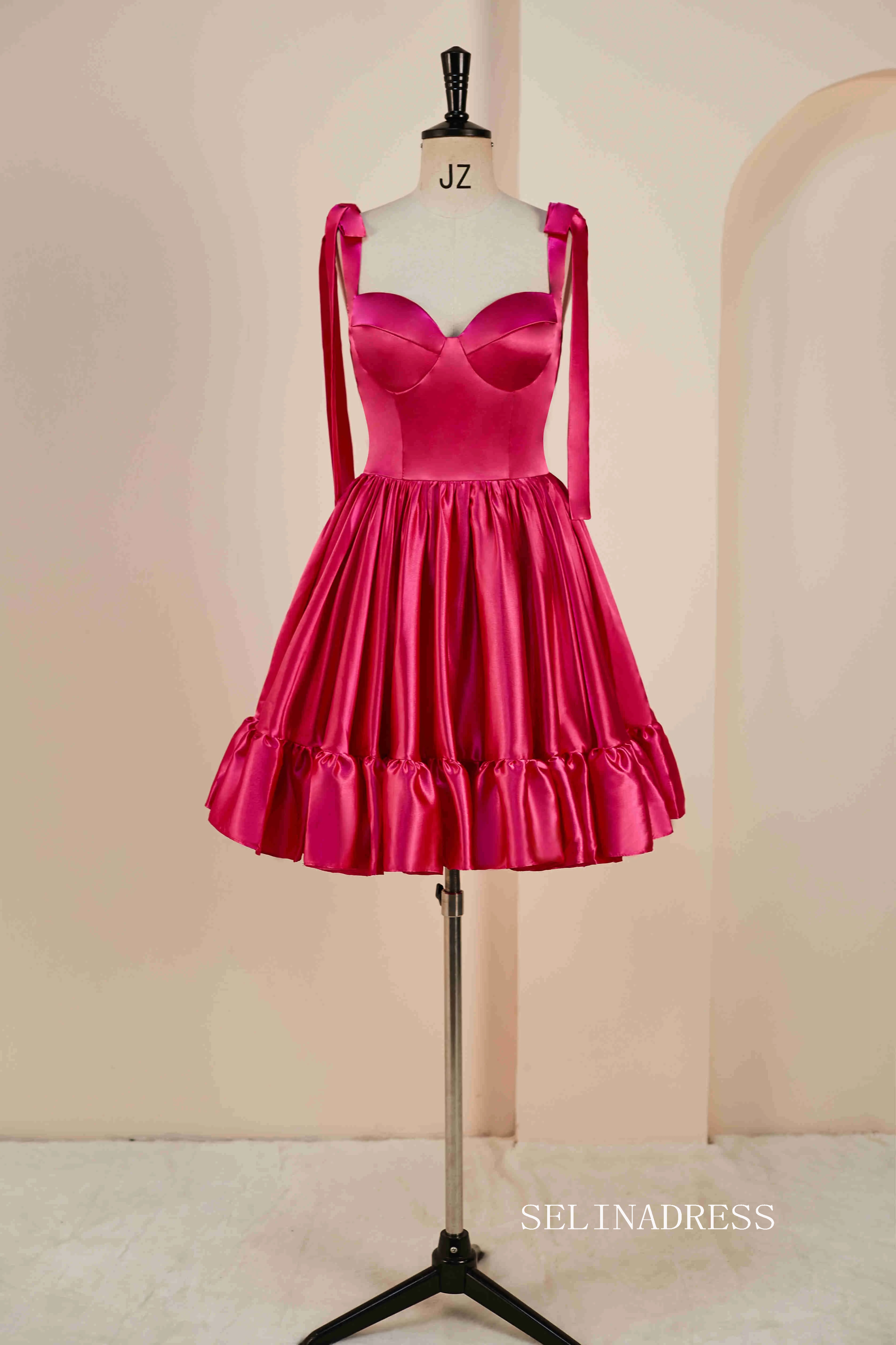 Hot Pink Bow Tie Ruffle Short Homecoming Dress JKW011 SELINADRESS Hot Pink Bow Tie Ruffle Short Homecoming Dress JKW011 SELINADRESS