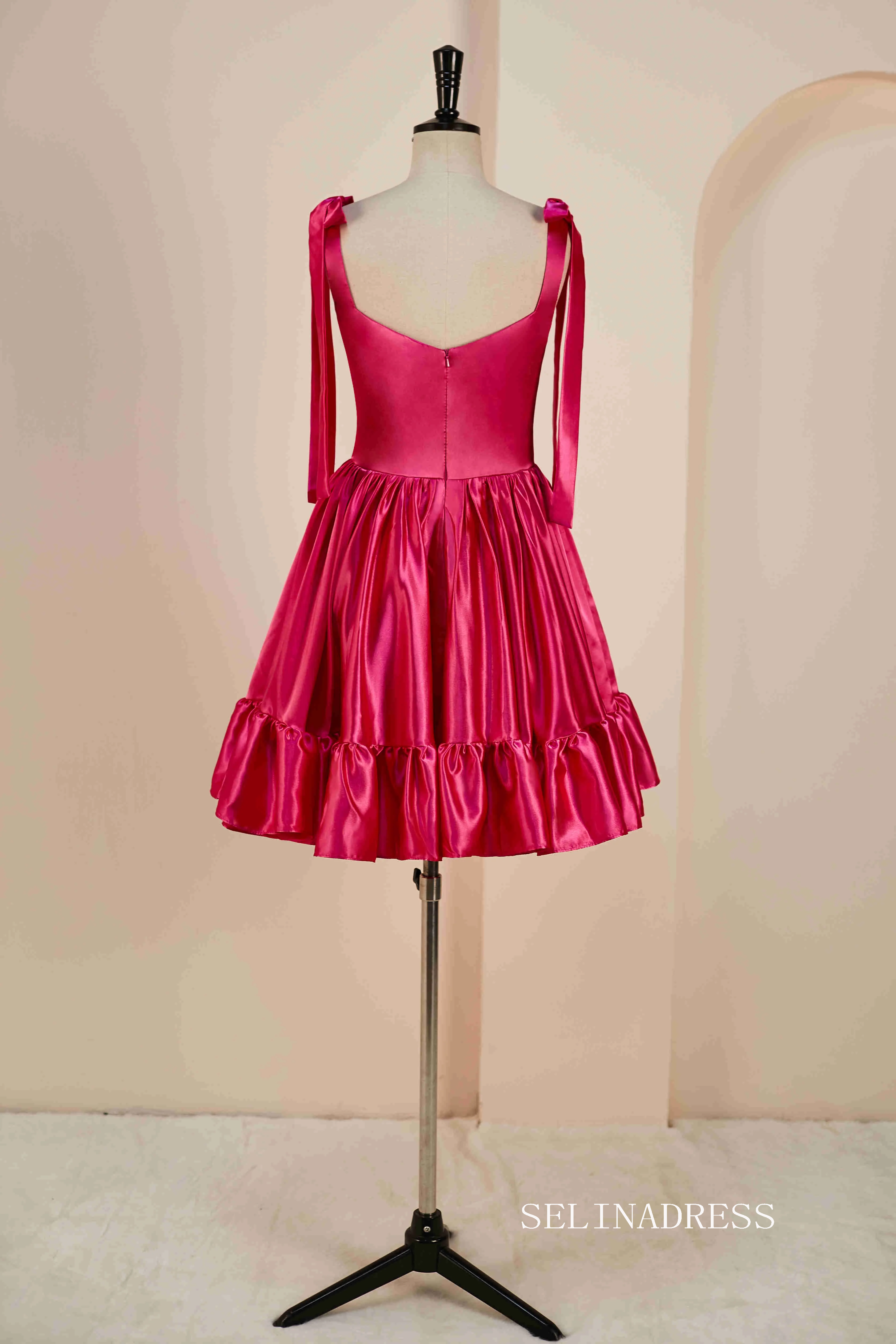 Hot Pink Bow Tie Ruffle Short Homecoming Dress JKW011 SELINADRESS Hot Pink Bow Tie Ruffle Short Homecoming Dress JKW011 SELINADRESS