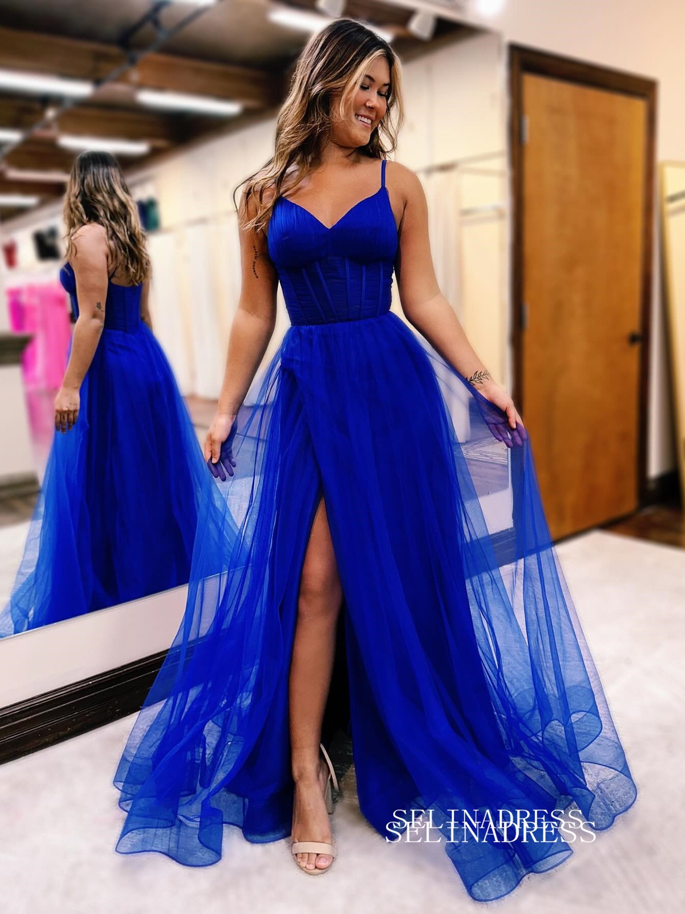 Hot Pink Spaghetti Straps Long Prom Dress With Split Tulle Evening Dre SELINADRESS Hot Pink Spaghetti Straps Long Prom Dress With Split Tulle Evening Dre SELINADRESS