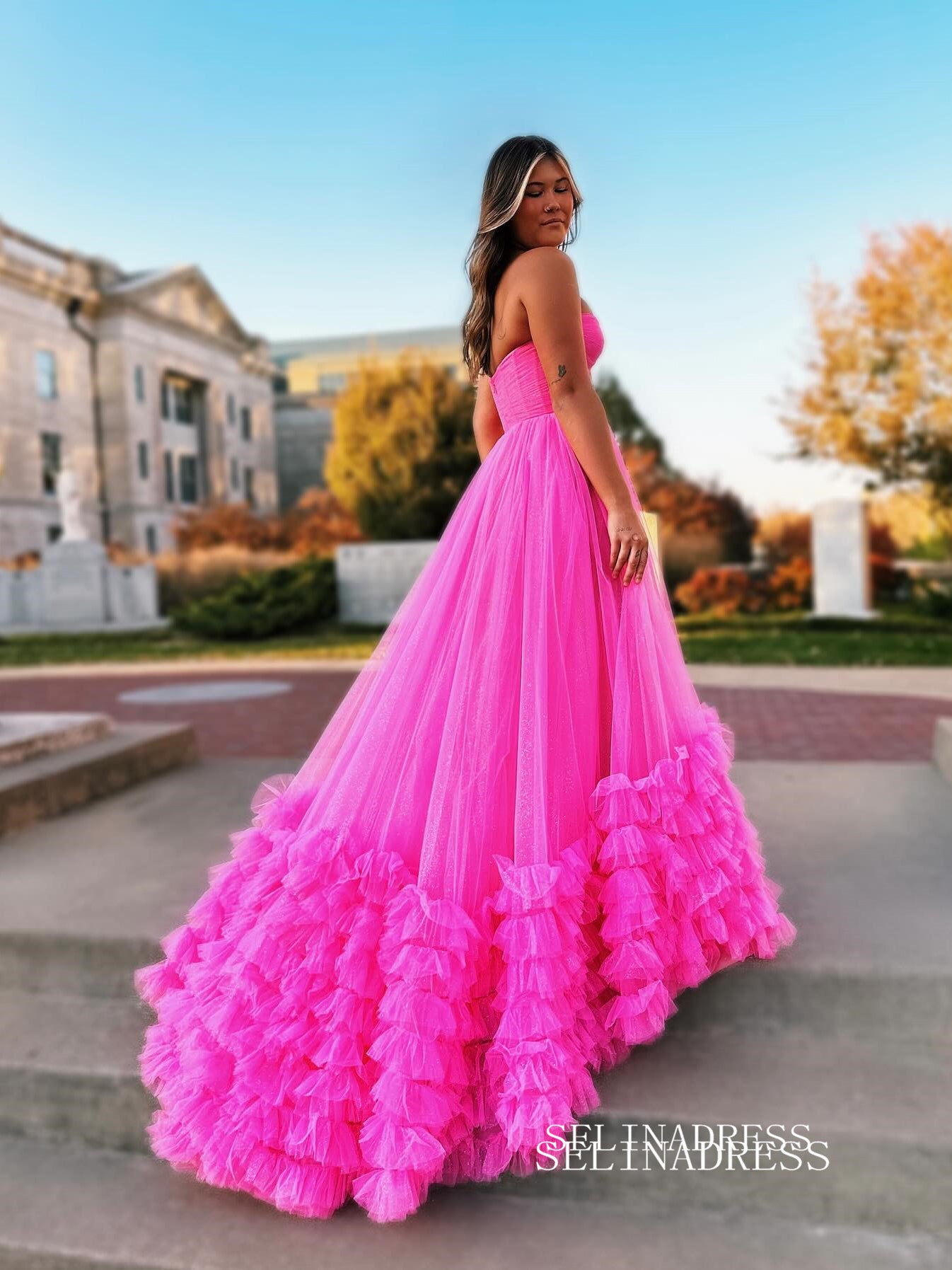 Hot Pink Sweetheart Long Prom Dress Ruffles Tulle Evening Dress EWR466 SELINADRESS Hot Pink Sweetheart Long Prom Dress Ruffles Tulle Evening Dress EWR466 SELINADRESS