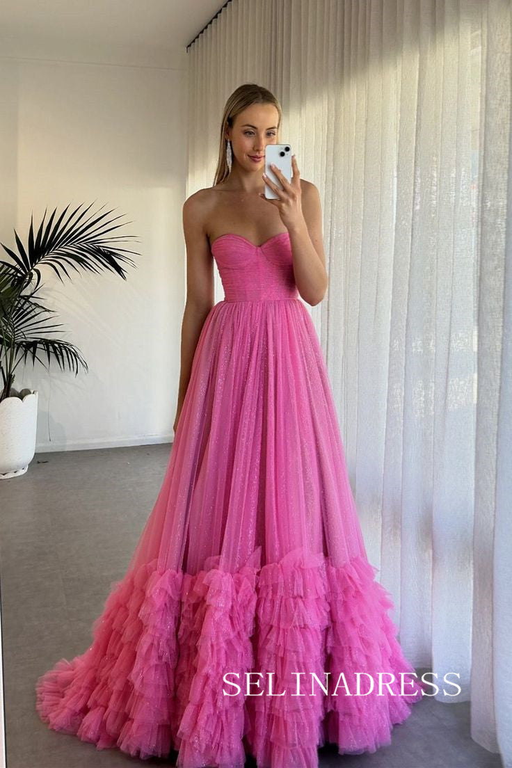 Hot Pink Sweetheart Long Prom Dress Ruffles Tulle Evening Dress EWR466 SELINADRESS Hot Pink Sweetheart Long Prom Dress Ruffles Tulle Evening Dress EWR466 SELINADRESS