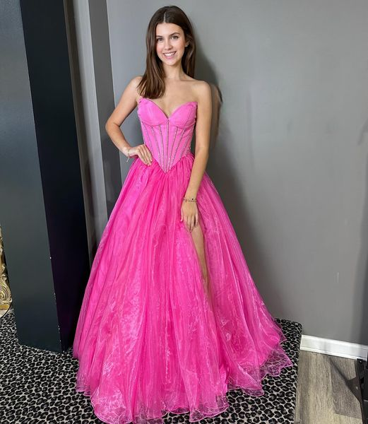 Hot Pink Tulle Organza Long Prom Dress Evening Dress with Slit sew1083 – SELINADRESS Hot Pink Tulle Organza Long Prom Dress Evening Dress with Slit sew1083 – SELINADRESS