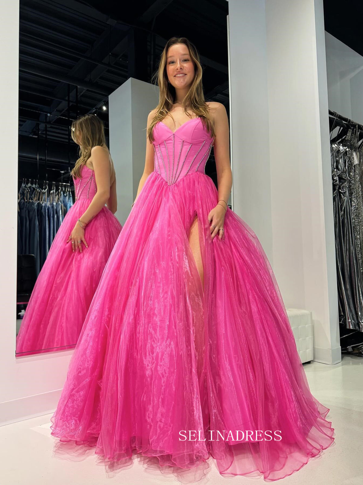 Hot Pink Tulle Organza Long Prom Dress Evening Dress with Slit sew1083 SELINADRESS Hot Pink Tulle Organza Long Prom Dress Evening Dress with Slit sew1083 SELINADRESS