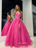 Hot Pink Tulle Organza Long Prom Dress Evening Dress with Slit sew1083|Selinadress