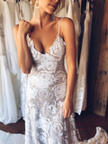 Hottest Elegant Spaghetti Straps Backless Long Ivory Lace Beach Wedding Dresses SEW0189|Selinadress