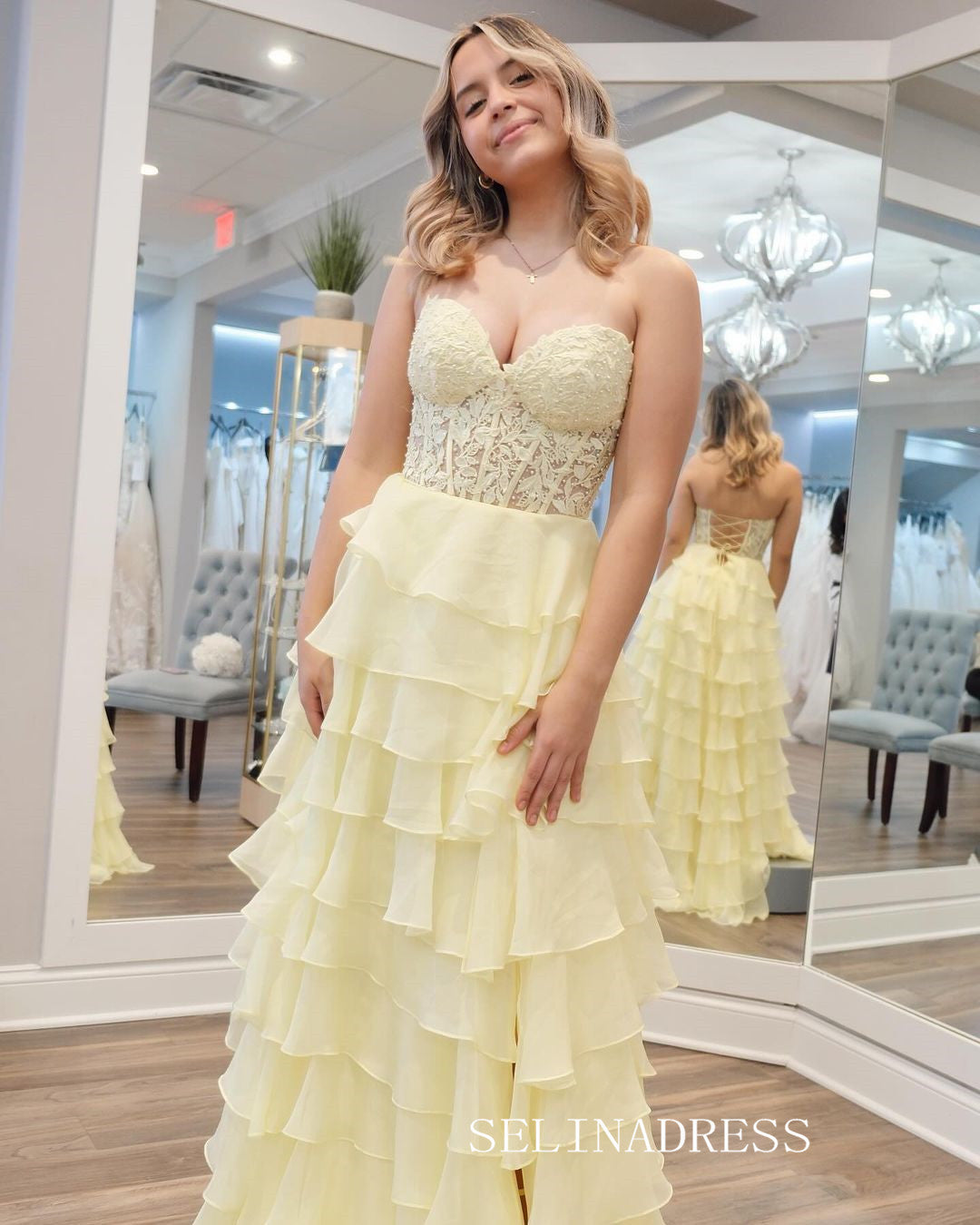 Chic A-line Strapless Light Sky Blue Long Prom Dresses Frill Layered G SELINADRESS Chic A-line Strapless Light Sky Blue Long Prom Dresses Frill Layered G SELINADRESS