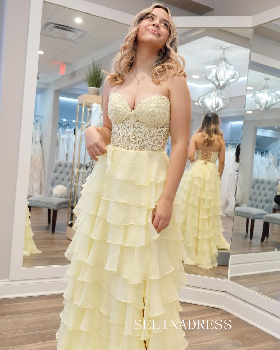 Chic A-line Strapless Light Sky Blue Long Prom Dresses Frill Layered G SELINADRESS Chic A-line Strapless Light Sky Blue Long Prom Dresses Frill Layered G SELINADRESS
