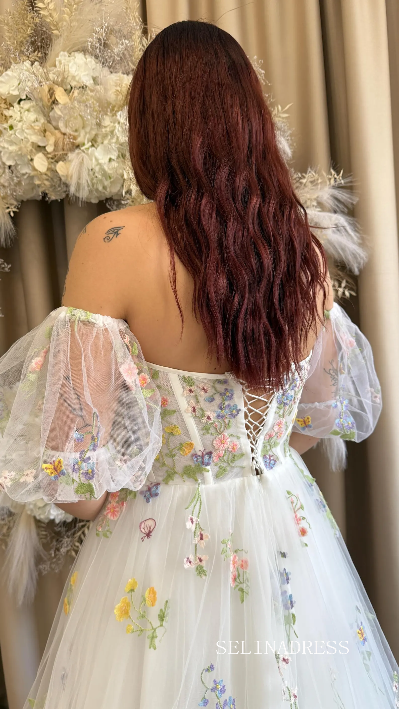 Ivory Colorful Boho Flowers Romantic Wedding Dress With Off Shoulder & SELINADRESS Ivory Colorful Boho Flowers Romantic Wedding Dress With Off Shoulder & SELINADRESS