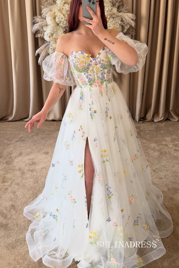 Ivory Colorful Boho Flowers Romantic Wedding Dress With Off Shoulder & SELINADRESS Ivory Colorful Boho Flowers Romantic Wedding Dress With Off Shoulder & SELINADRESS