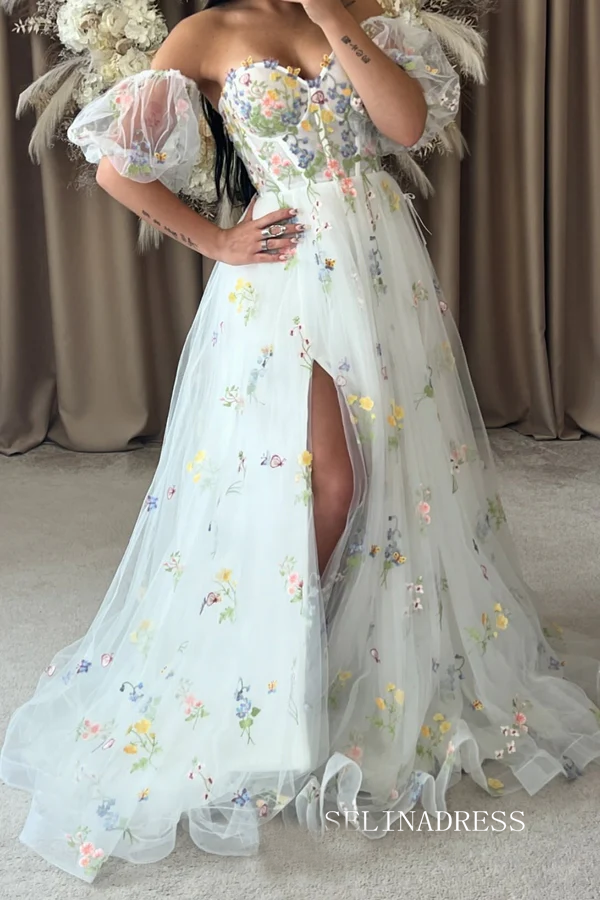 boho off the shoulder dress Ivory Colorful Boho Flowers Romantic Wedding Dress With Off Shoulder & – SELINADRESS