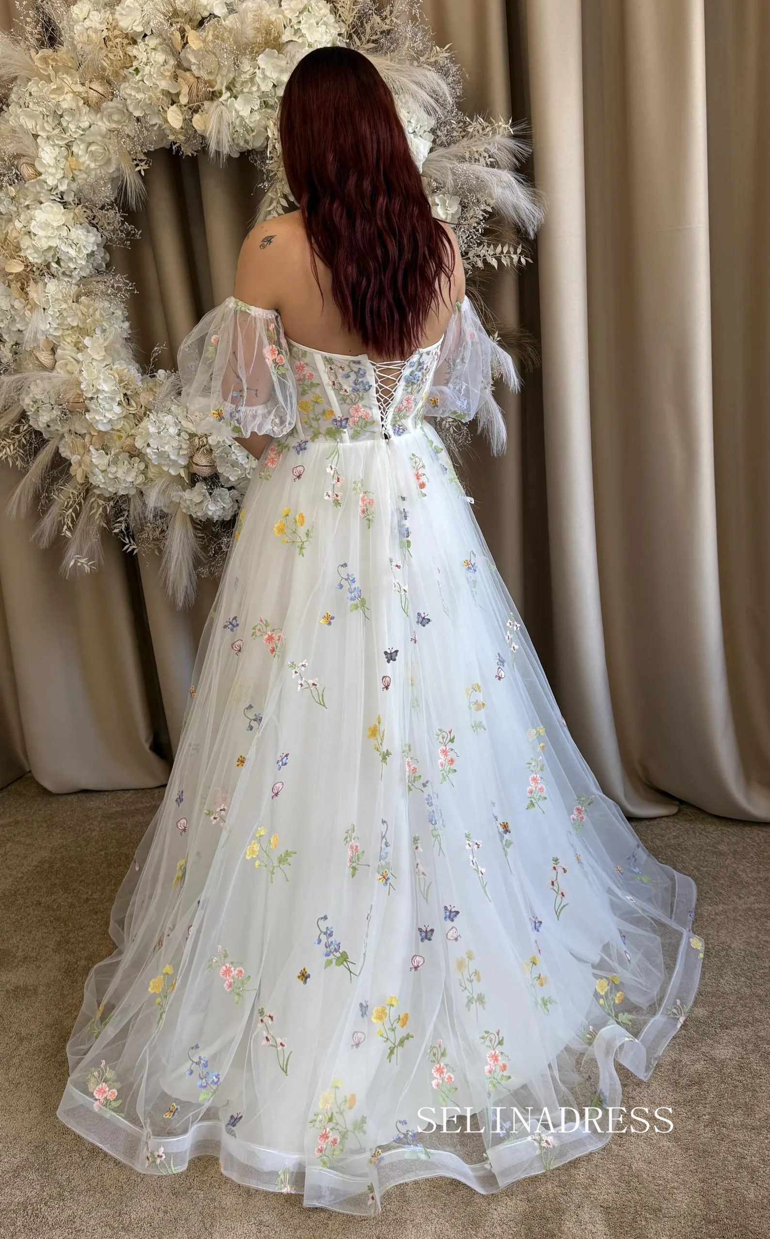 Ivory Colorful Boho Flowers Romantic Wedding Dress With Off Shoulder & – SELINADRESS Ivory Colorful Boho Flowers Romantic Wedding Dress With Off Shoulder & – SELINADRESS