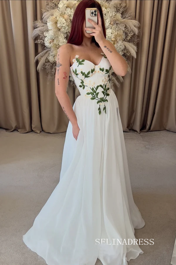 Ivory Embroidered Wedding Dress with Strapless Sweetheart Neckline Pro – SELINADRESS Ivory Embroidered Wedding Dress with Strapless Sweetheart Neckline Pro – SELINADRESS