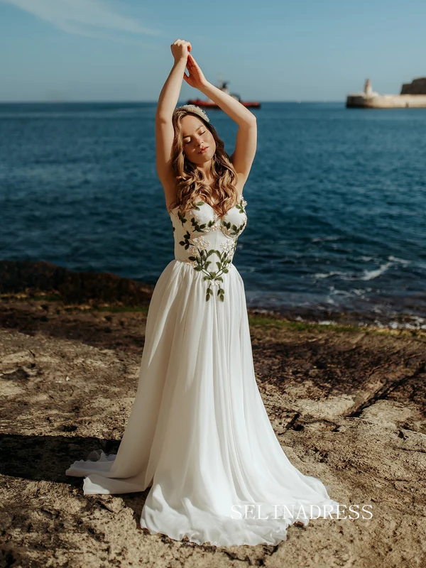 Ivory Embroidered Wedding Dress with Strapless Sweetheart Neckline Prom Dress With Split TKL805|Selinadress