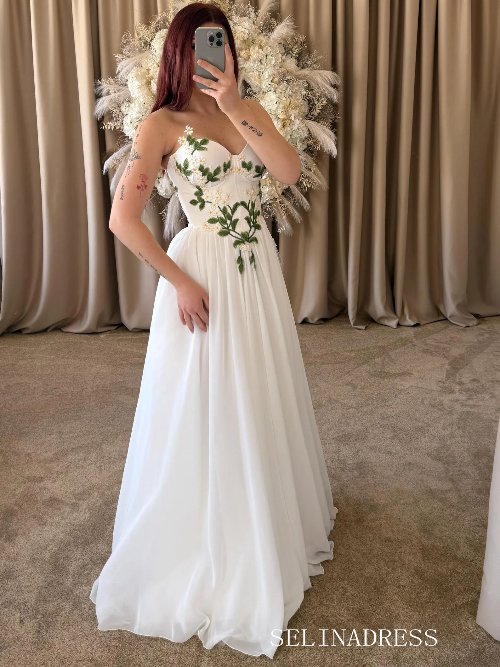 Ivory Embroidered Wedding Dress with Strapless Sweetheart Neckline Prom Dress With Split TKL805|Selinadress