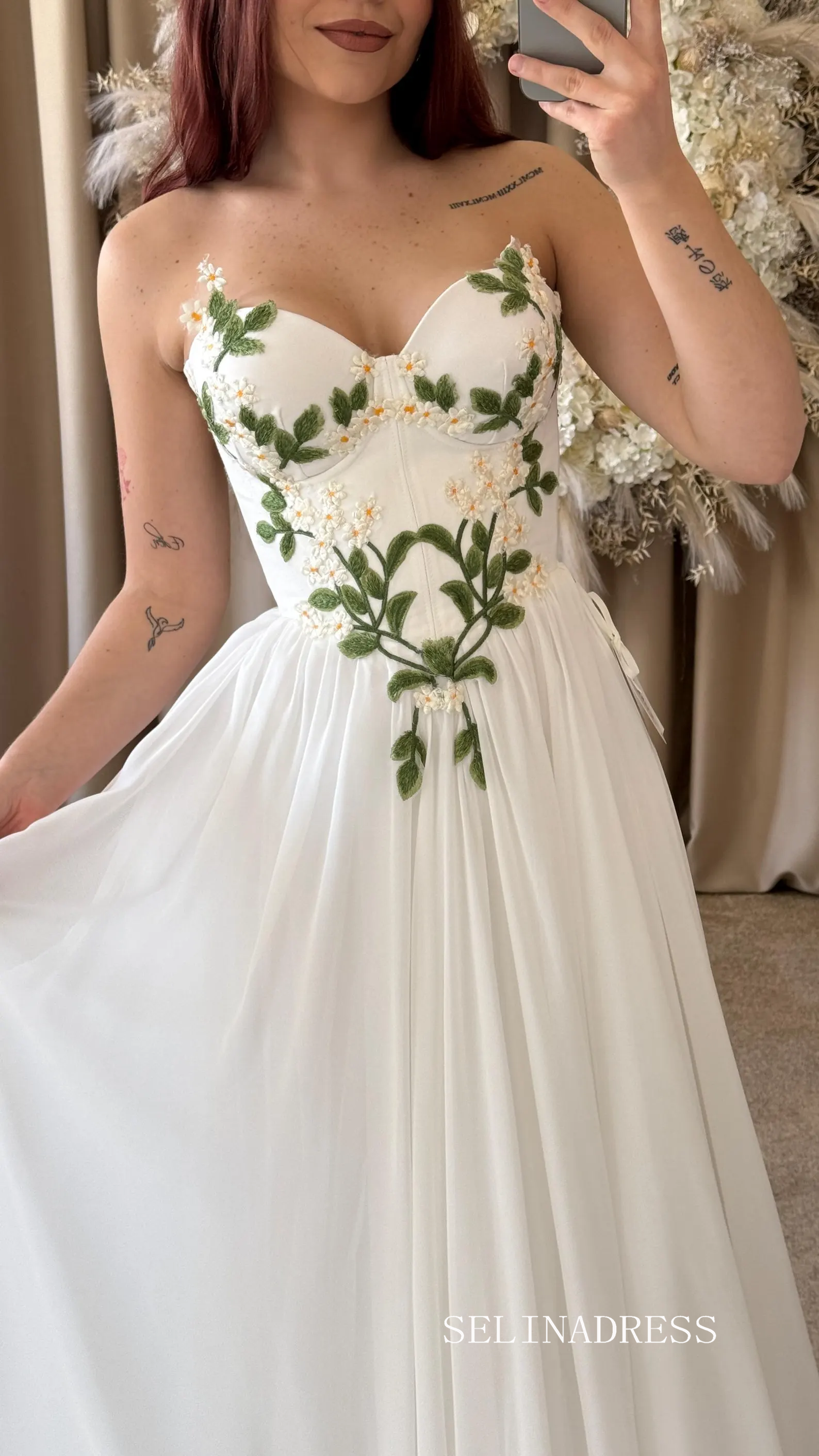 Ivory Embroidered Wedding Dress with Strapless Sweetheart Neckline Prom Dress With Split TKL805|Selinadress