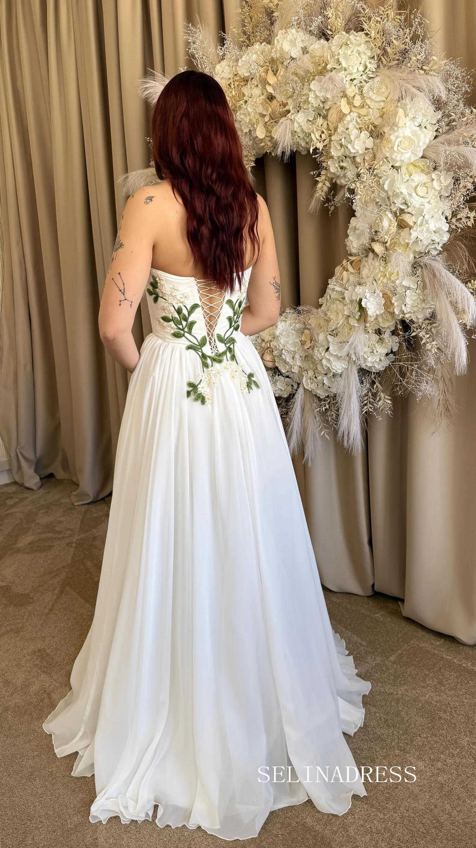 Ivory Embroidered Wedding Dress with Strapless Sweetheart Neckline Prom Dress With Split TKL805|Selinadress