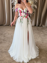 Ivory Floral Embroidered Wedding Dress with Off-Shoulder Sleeves Romantic Wildflower Prom Dress TKL802|Selinadress