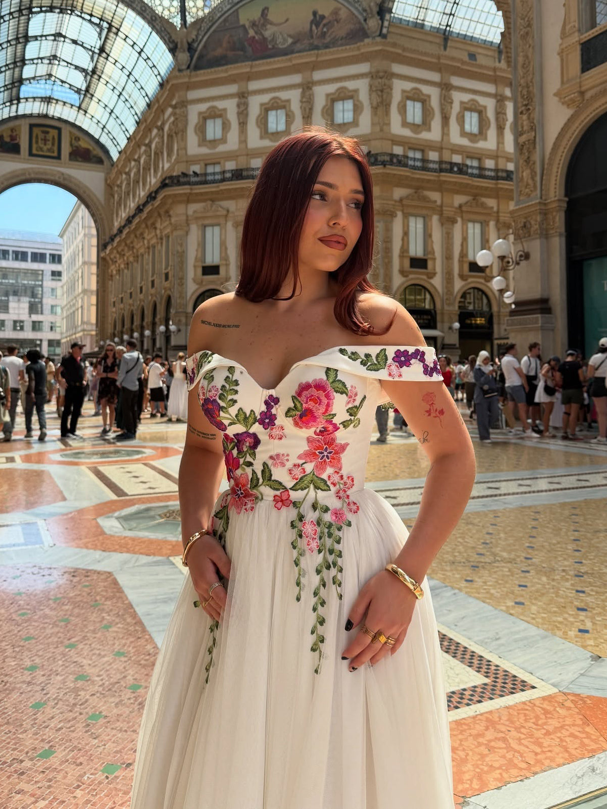 Ivory Floral Embroidered Wedding Dress with Off-Shoulder Sleeves Romantic Wildflower Prom Dress TKL802|Selinadress