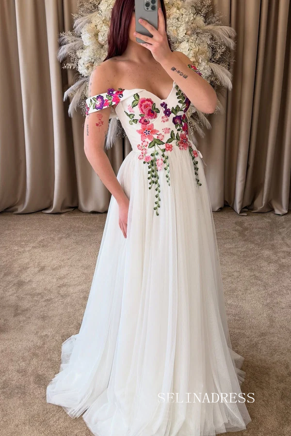 Ivory Floral Embroidered Wedding Dress with Off-Shoulder Sleeves Romantic Wildflower Prom Dress TKL802|Selinadress