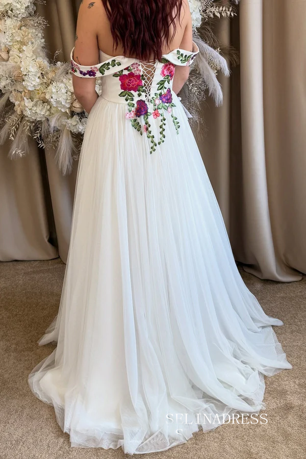 Ivory Floral Embroidered Wedding Dress with Off-Shoulder Sleeves Roman SELINADRESS Ivory Floral Embroidered Wedding Dress with Off-Shoulder Sleeves Roman SELINADRESS