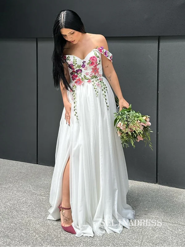Ivory Floral Embroidered Wedding Dress with Off-Shoulder Sleeves Romantic Wildflower Prom Dress TKL802|Selinadress