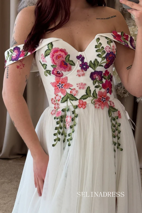 Ivory Floral Embroidered Wedding Dress with Off-Shoulder Sleeves Romantic Wildflower Prom Dress TKL802|Selinadress