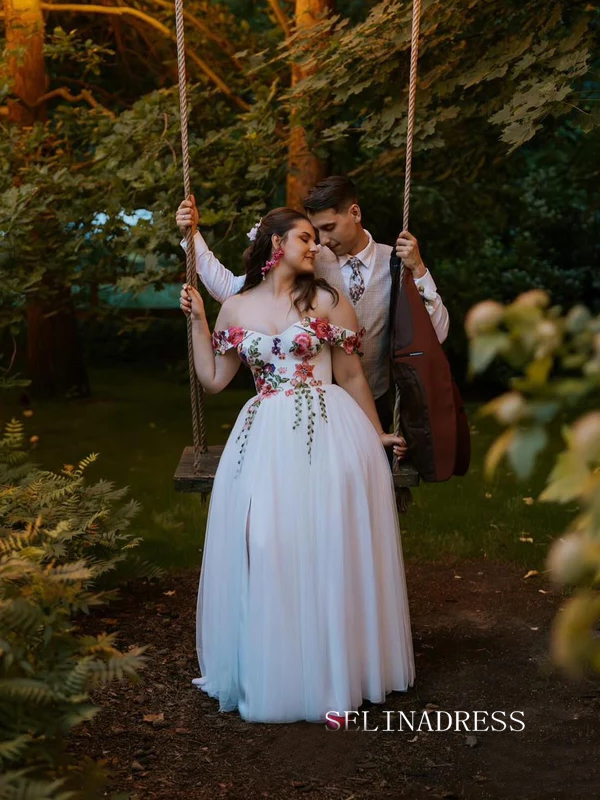 Ivory Floral Embroidered Wedding Dress with Off-Shoulder Sleeves Romantic Wildflower Prom Dress TKL802|Selinadress