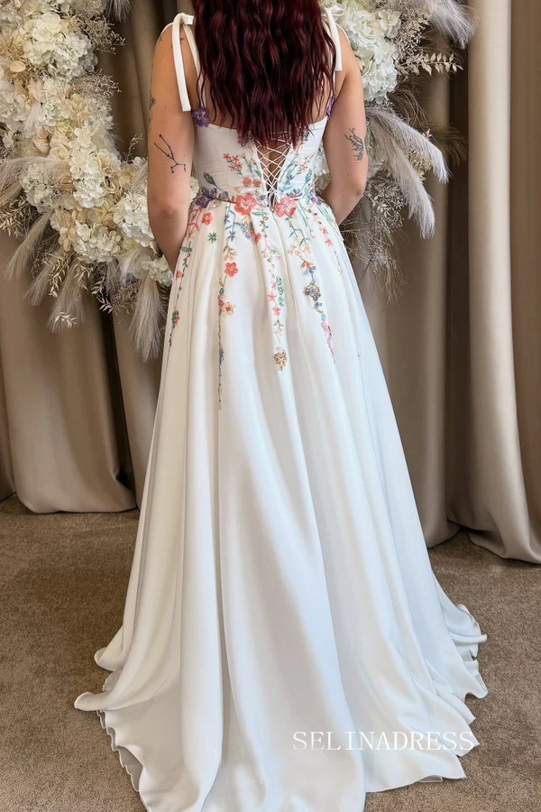 Ivory Floral Embroidered Wedding Dress with Tie Straps Colorful Wildflower Motifs & Flowing Skirt TKL803|Selinadress