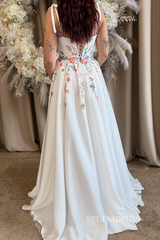 Ivory Floral Embroidered Wedding Dress with Tie Straps Colorful Wildflower Motifs & Flowing Skirt TKL803|Selinadress