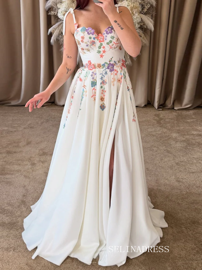 Ivory Floral Embroidered Wedding Dress with Tie Straps Colorful Wildfl – SELINADRESS