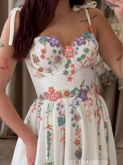 Ivory Floral Embroidered Wedding Dress with Tie Straps Colorful Wildflower Motifs & Flowing Skirt TKL803|Selinadress