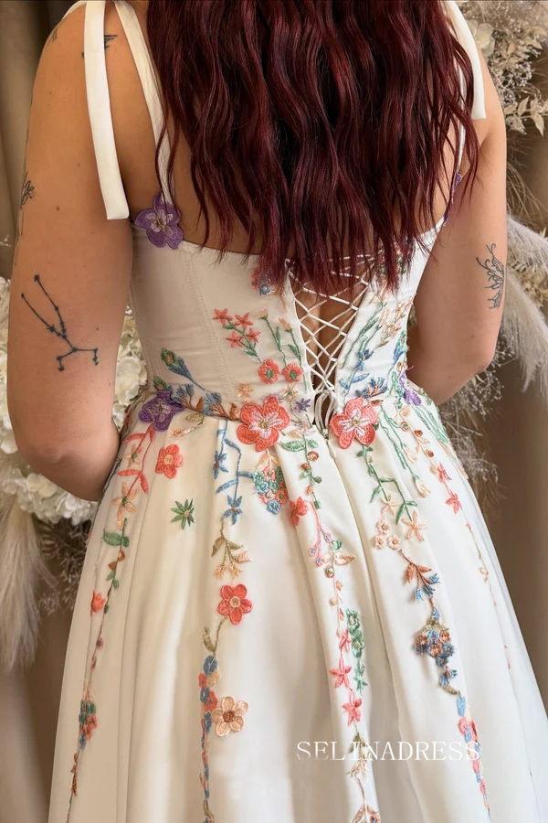 Ivory Floral Embroidered Wedding Dress with Tie Straps Colorful Wildflower Motifs & Flowing Skirt TKL803|Selinadress