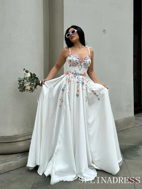 Ivory Floral Embroidered Wedding Dress with Tie Straps Colorful Wildflower Motifs & Flowing Skirt TKL803|Selinadress