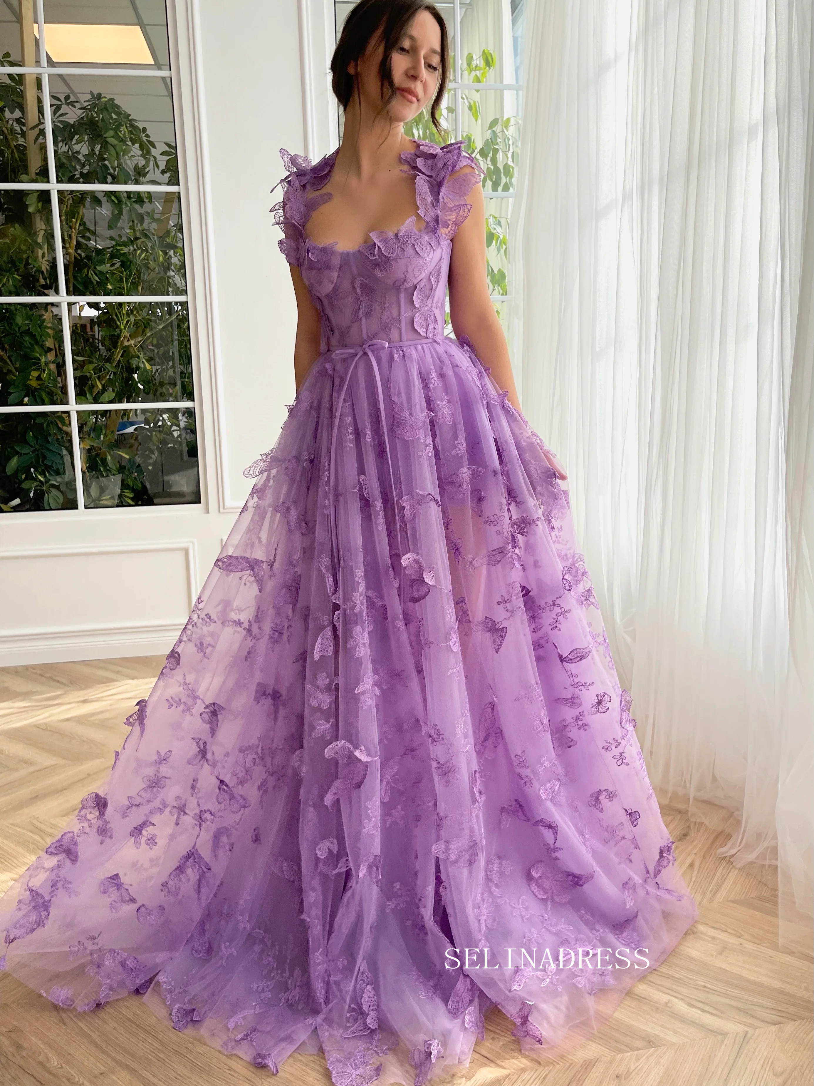 Chic A-line Straps 3D Floral Lace Long Prom Dresses With Embroidery Bu SELINADRESS Chic A-line Straps 3D Floral Lace Long Prom Dresses With Embroidery Bu SELINADRESS