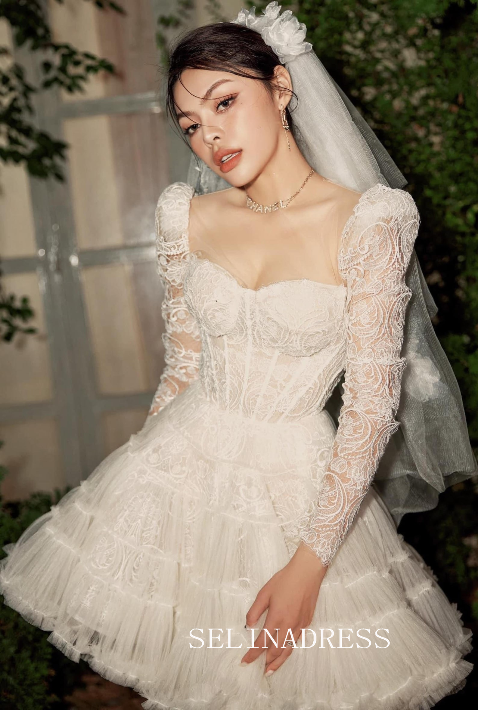 Lace Corset Tiered Tulle Mini Dress PHJ007|Selinadress