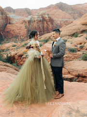 Lace Crop Top with Olive Green Tulle Skirt Wedding Gown COK111|Selinadress