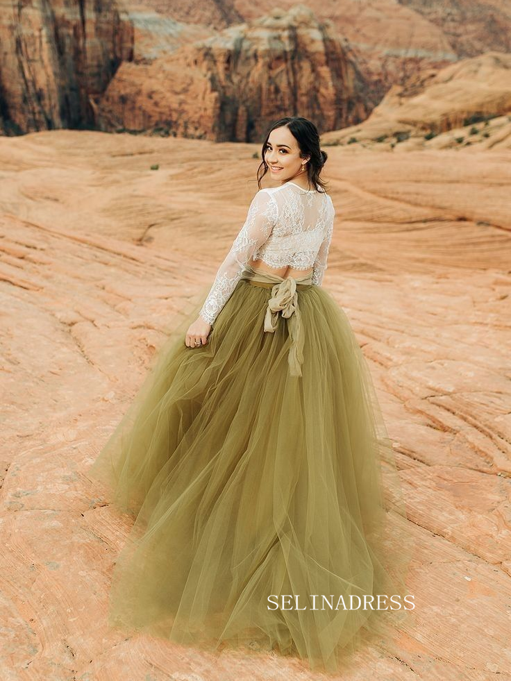 Lace Crop Top with Olive Green Tulle Skirt Wedding Gown COK111|Selinadress