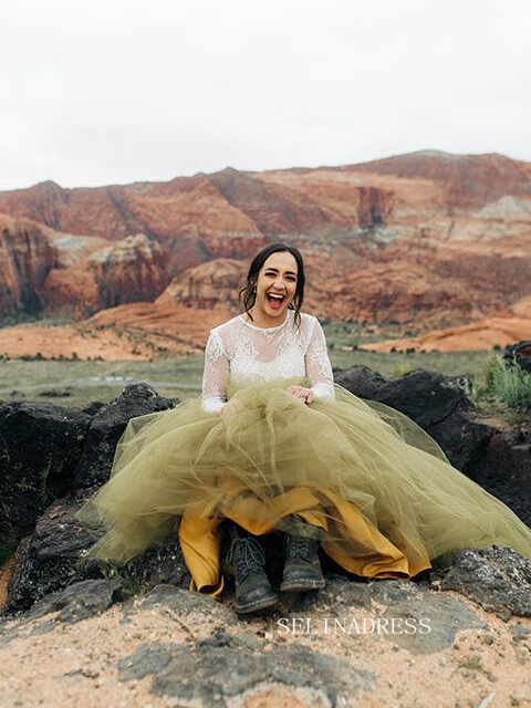 Lace Crop Top with Olive Green Tulle Skirt Wedding Gown COK111|Selinadress