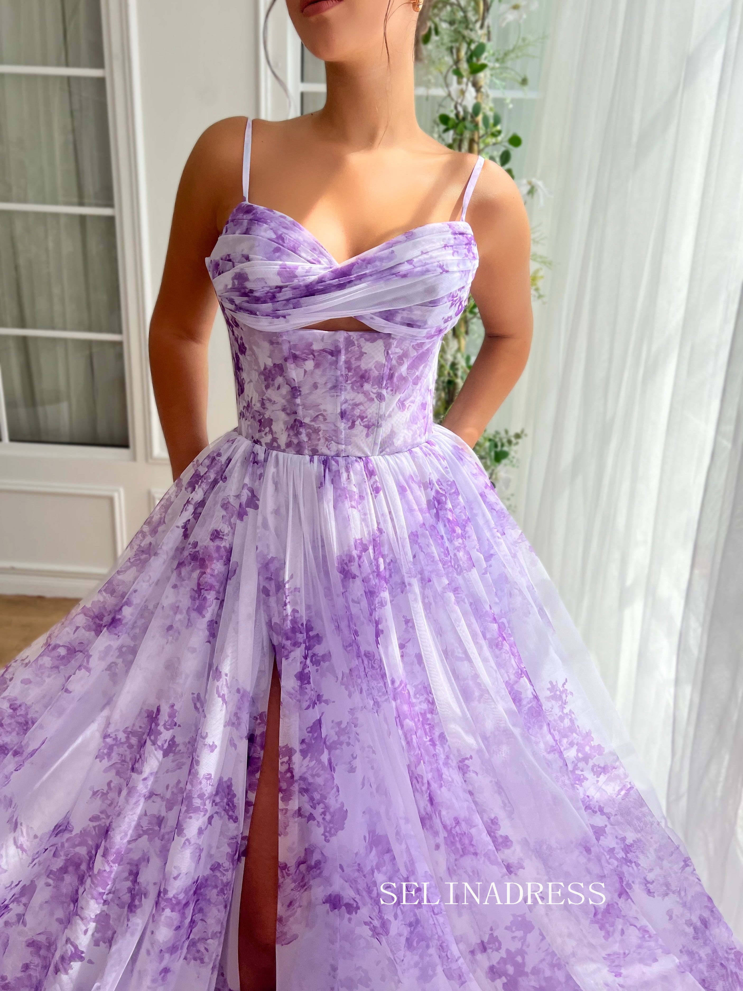 Lavender A-line Floor Length Floral  Long Prom Dresses TUN014|Selinadress