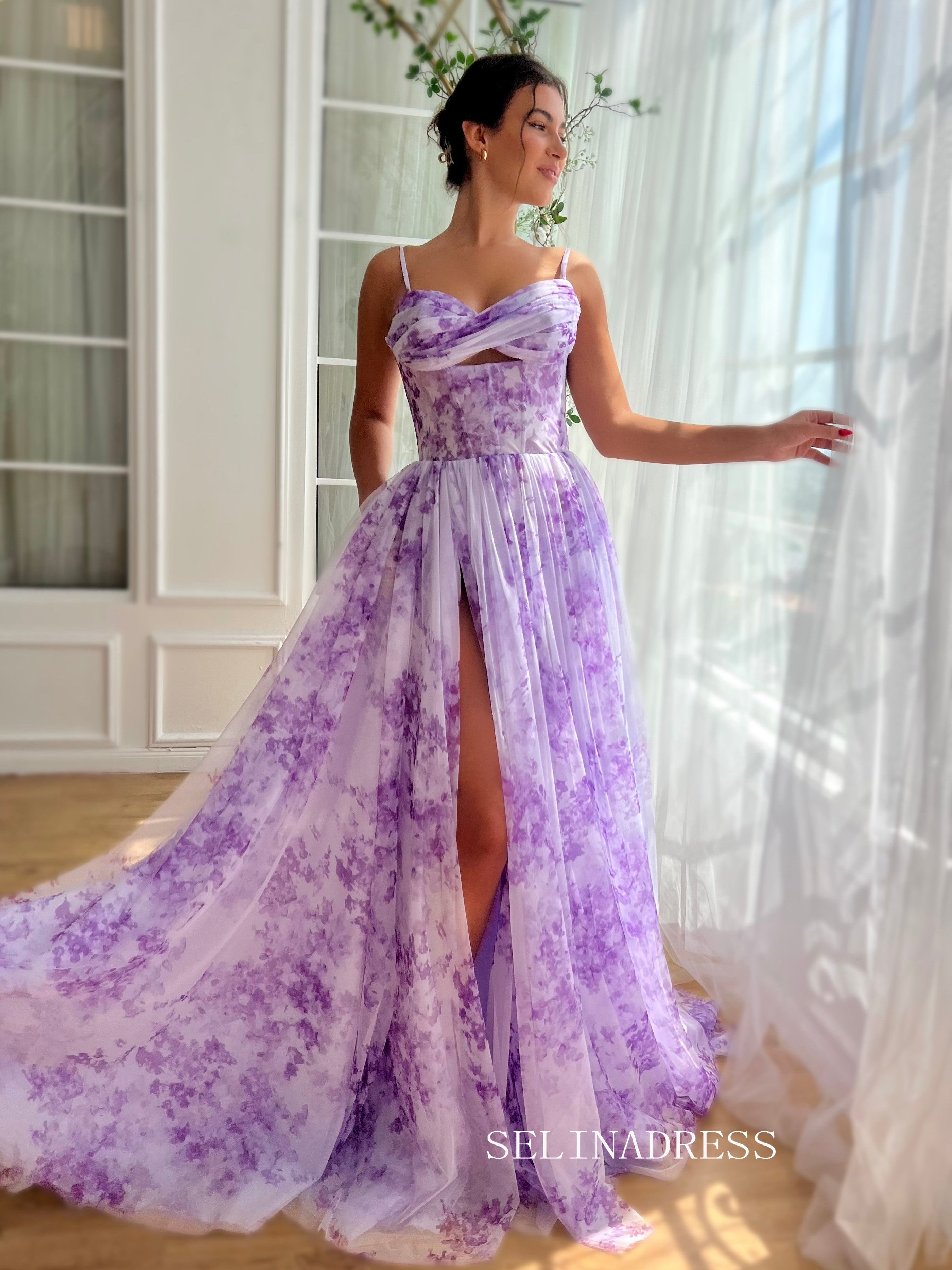 Lavender A-line Floor Length Floral  Long Prom Dresses TUN014|Selinadress