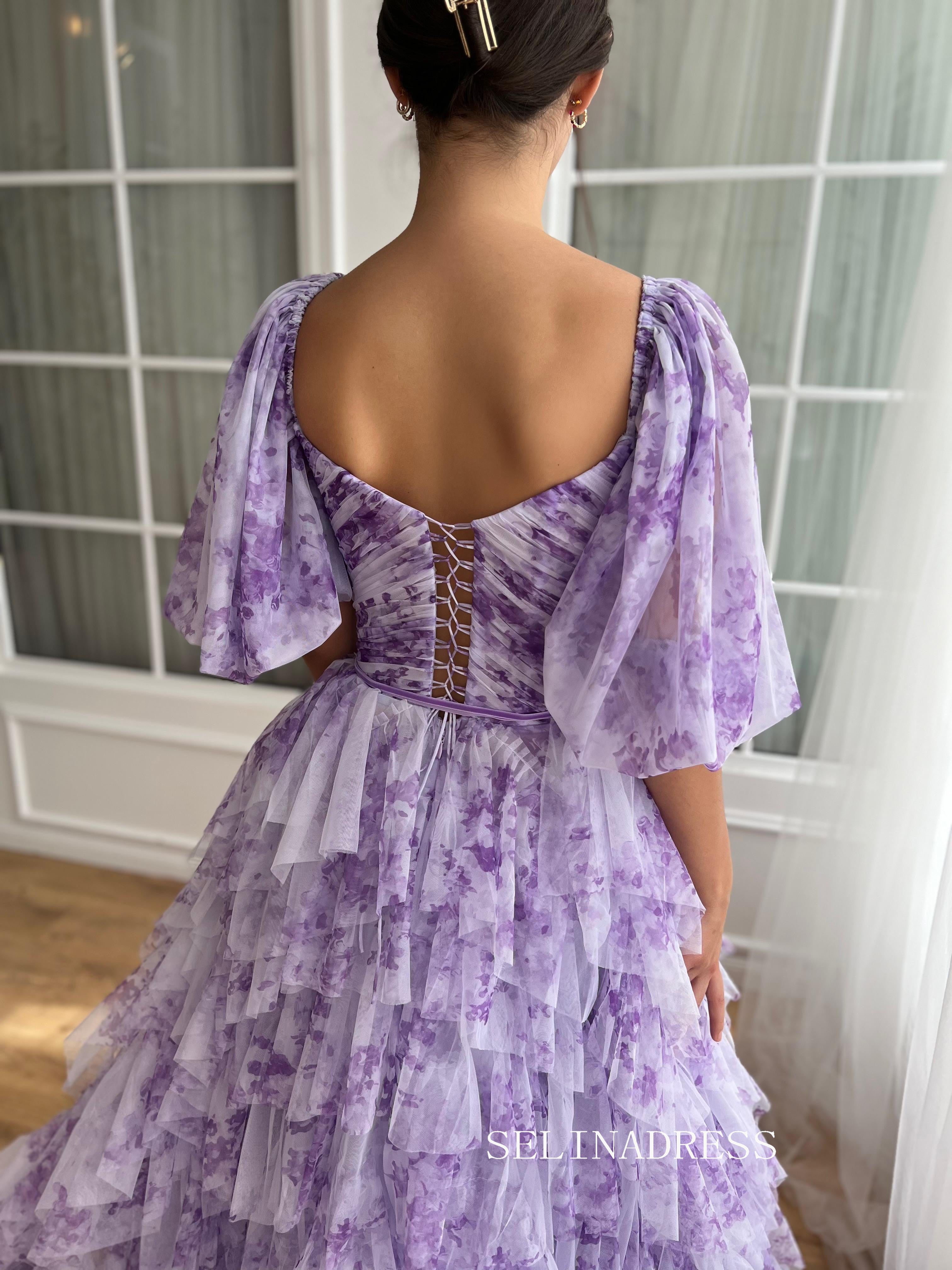 Lavender A-line Floral Long Prom Dresses Ruffled Gown With puff sleeves TUN017|Selinadress
