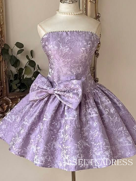Lavender Floral Lacework Short Ball Gown with a Grand Bow Accent cok086|Selinadress