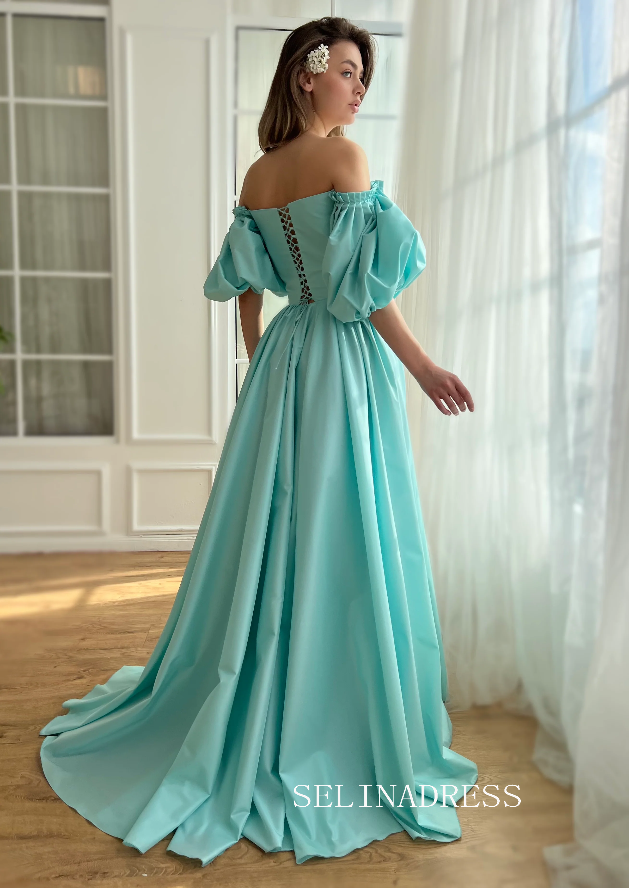 Light Blue Satin Long Prom Dress Off-the-shoulder Long Sleeve Evening SELINADRESS Light Blue Satin Long Prom Dress Off-the-shoulder Long Sleeve Evening SELINADRESS