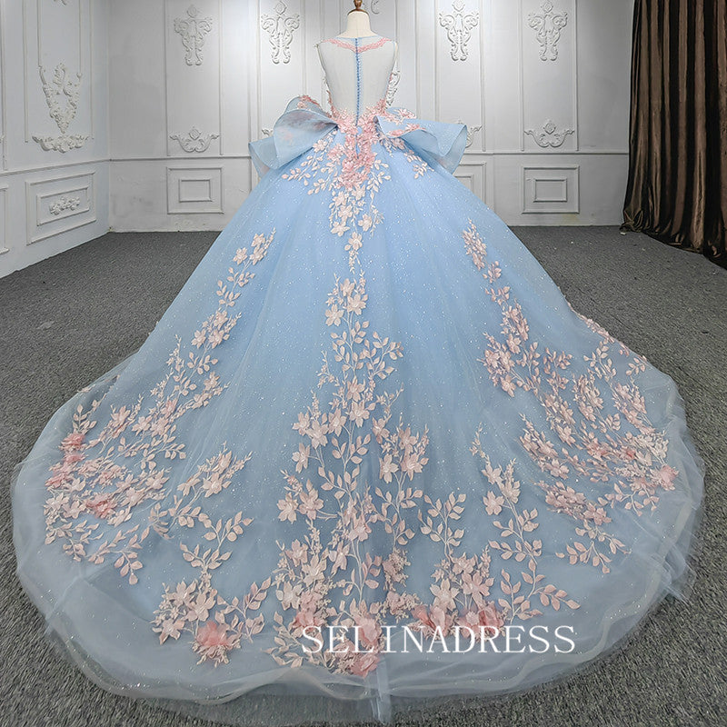 Light Sky Blue Ball Gown Long Formal Dress Pink 3D Floral Quinceanera SELINADRESS Light Sky Blue Ball Gown Long Formal Dress Pink 3D Floral Quinceanera SELINADRESS