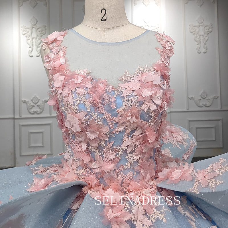 Light Sky Blue Ball Gown Long Formal Dress Pink 3D Floral Quinceanera SELINADRESS Light Sky Blue Ball Gown Long Formal Dress Pink 3D Floral Quinceanera SELINADRESS