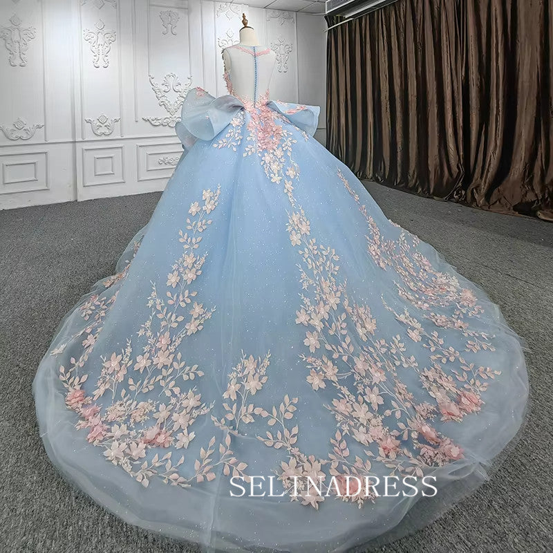 Light Sky Blue Ball Gown Long Formal Dress Pink 3D Floral Quinceanera SELINADRESS Light Sky Blue Ball Gown Long Formal Dress Pink 3D Floral Quinceanera SELINADRESS